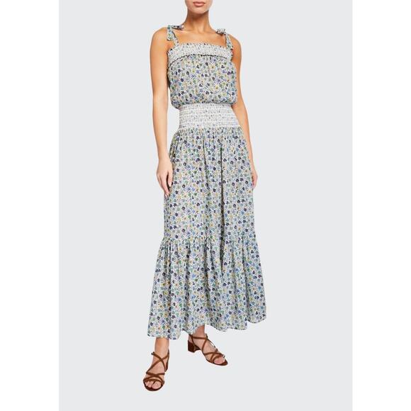 EUC Tory Burch Smocked Dress Red Floral Print Size Medium Resort Beach - Picture 4 of 7